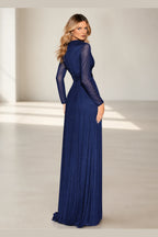 Navy blue A-line V-neck long sleeve bridesmaid dress with slit and illusion back by Vedress