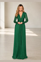 Sophisticated A-Line V-Neck Long Sleeve Illusion Back Long Bridesmaid Dress