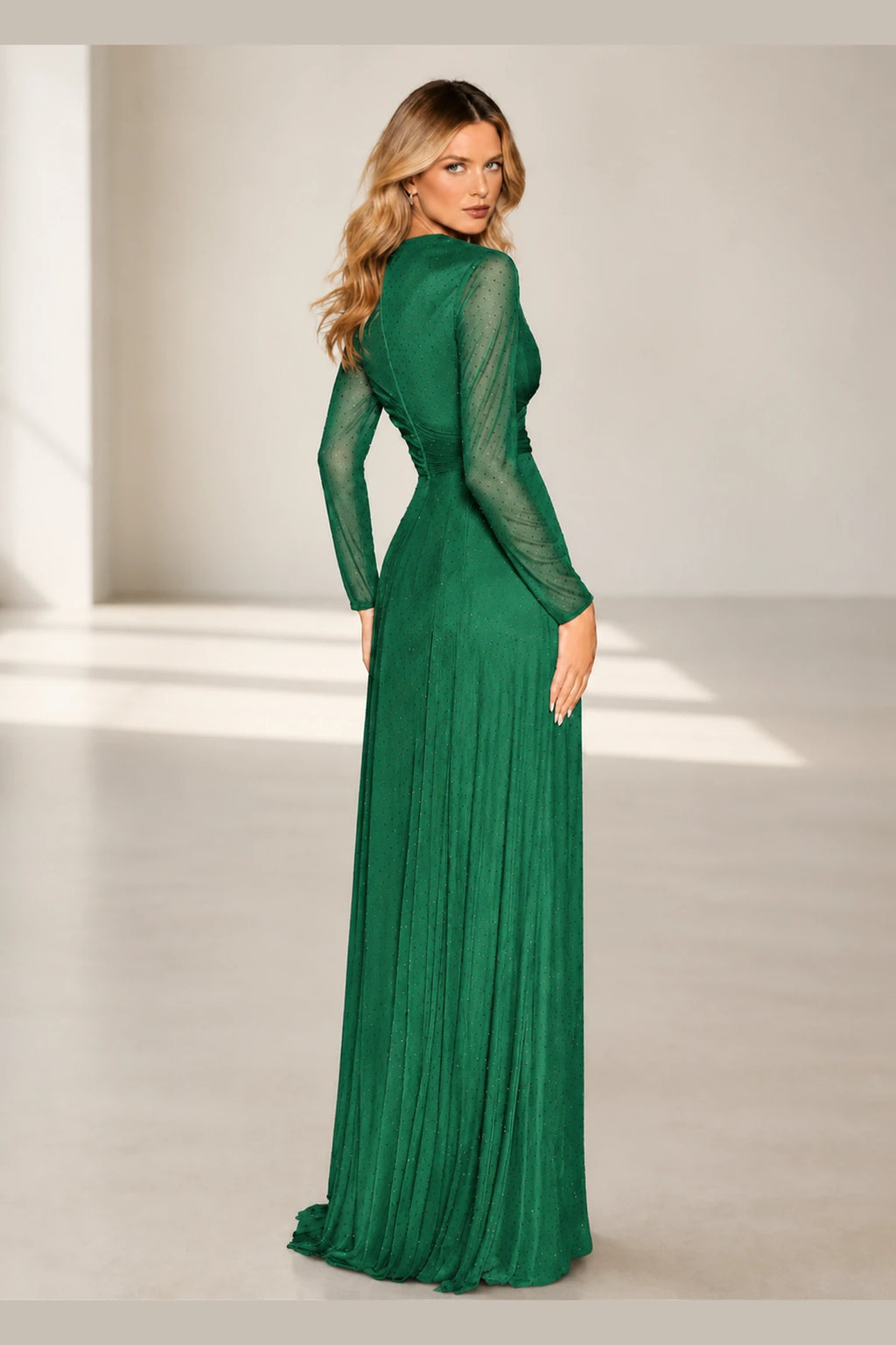 Sophisticated A-Line V-Neck Long Sleeve Illusion Back Long Bridesmaid Dress