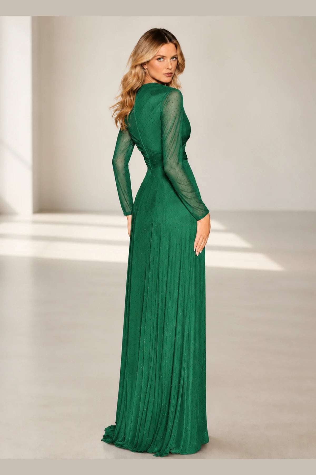 Sophisticated A-Line V-Neck Long Sleeve Illusion Back Long Bridesmaid Dress