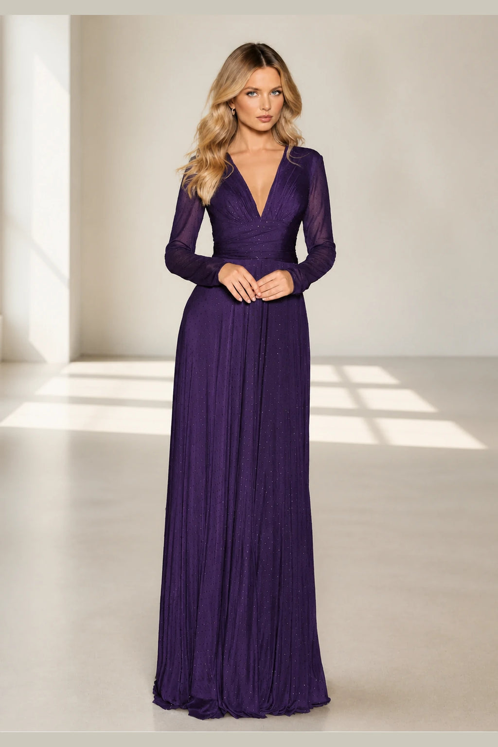 Sophisticated A-Line V-Neck Long Sleeve Illusion Back Long Bridesmaid Dress