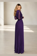 Sophisticated A-Line V-Neck Long Sleeve Illusion Back Long Bridesmaid Dress