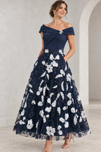 Navy and white A-line Mother of the Bride Dress with off-the-shoulder neckline, floral embroidery and ankle-length skirt