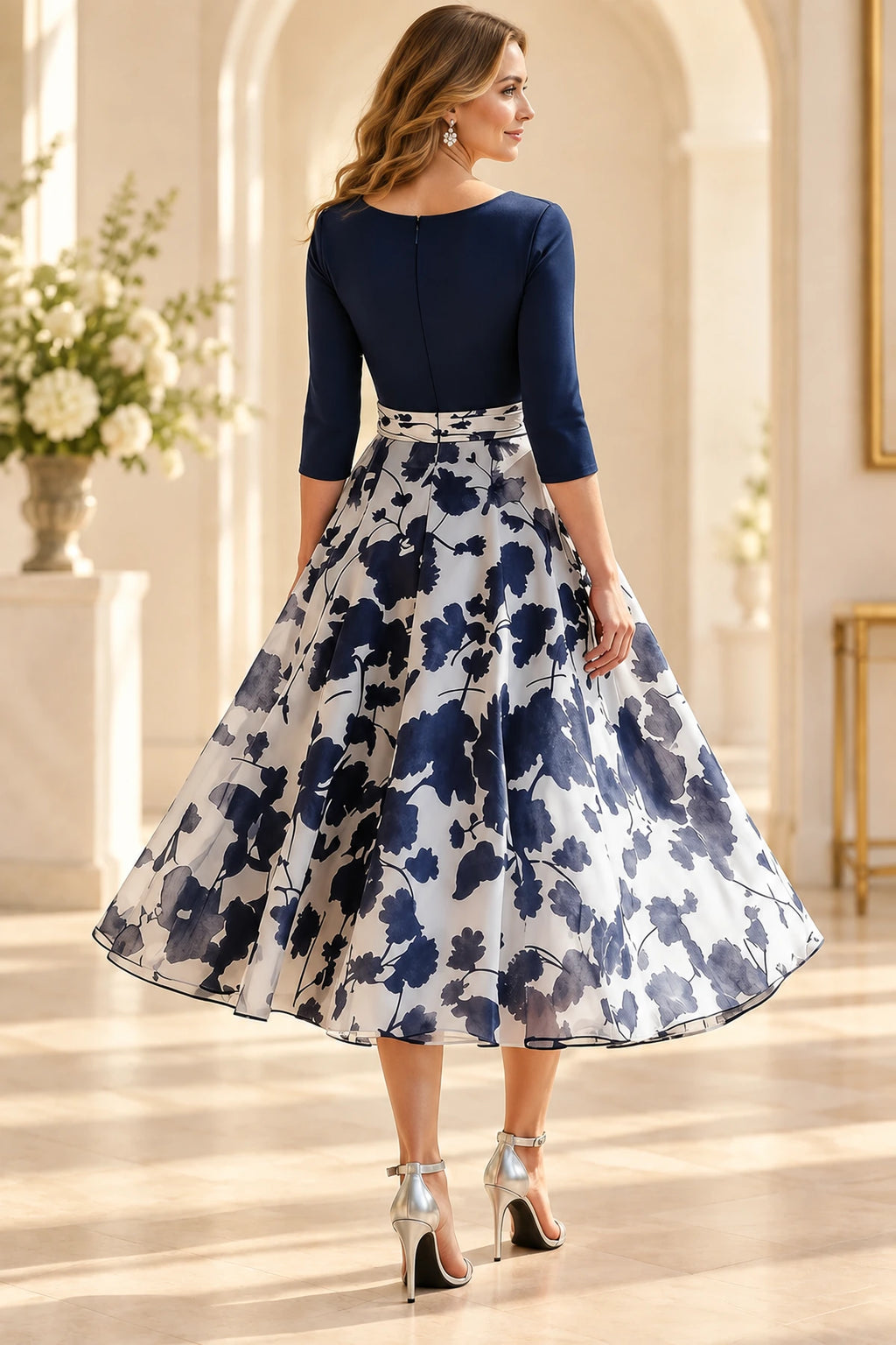 Back view of navy floral Mother of the Bride Dress with closed neckline and tea-length A-line skirt