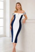Navy and white Mother of the Bride dress with off-shoulder neckline, floral shoulder details, fitted sheath silhouette and midi length, front and back view