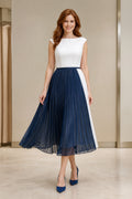 Navy blue and white A-line tea length mother of the bride dress front view
