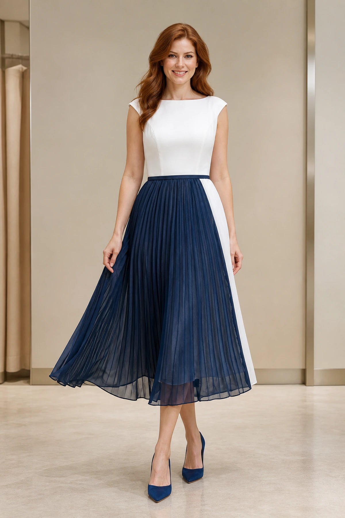 Navy blue and white A-line tea length mother of the bride dress front view