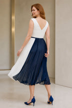Navy blue and white V-back pleated mother of the bride dress back view