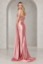 Back view of a rose prom dress with an embellished lace-up bodice, long matching ties, fitted shimmering skirt, and short train.
