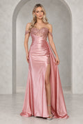 Rose fitted prom dress with beaded off-shoulder sleeves, a sweetheart illusion bodice, ruched skirt, embellished high slit, and long side drape.