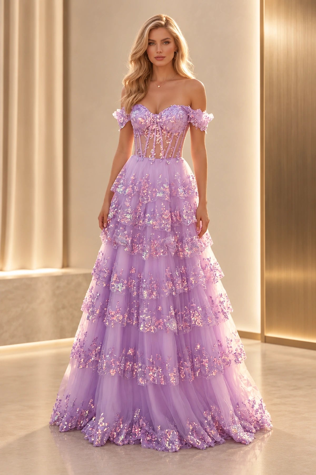 Lilac A-line prom dress with a sweetheart neckline, off-shoulder ruffle sleeves, sheer corset-style bodice, and embellished tiered tulle skirt.