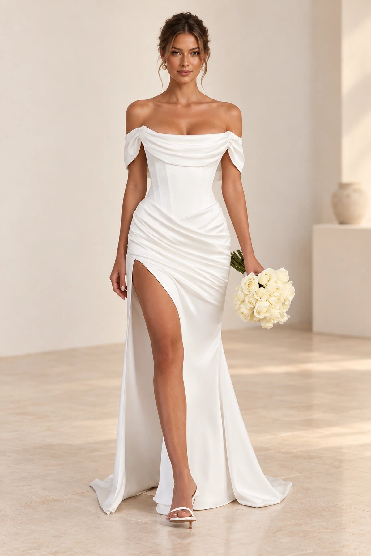 Elegant Mermaid Off Shoulder Draped Sleeve Corset Back Floor Length Wedding Guest Dress