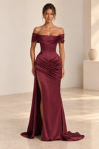 Elegant Mermaid Off Shoulder Draped Sleeve Corset Back Floor Length Wedding Guest Dress