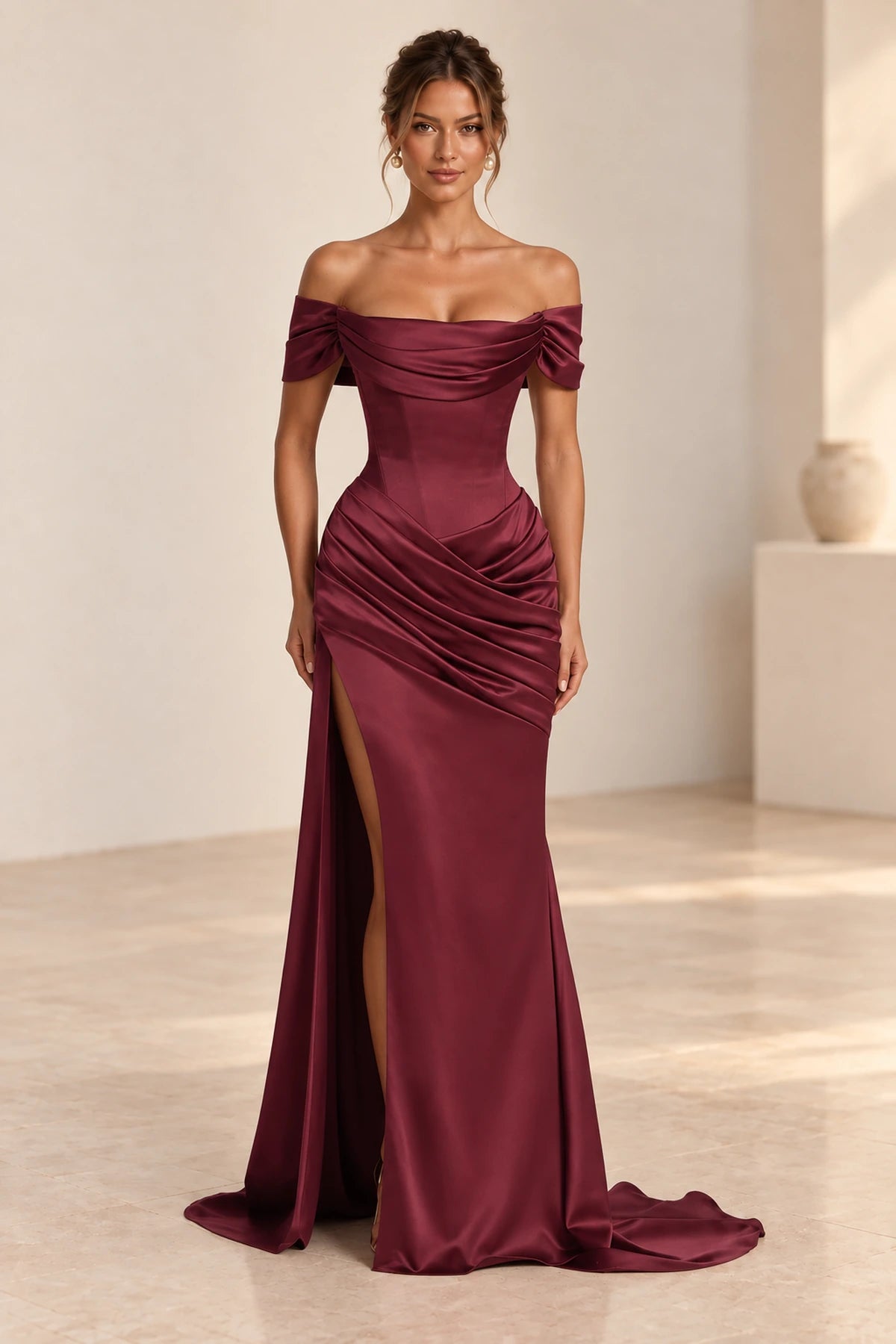 Elegant Mermaid Off Shoulder Draped Sleeve Corset Back Floor Length Wedding Guest Dress
