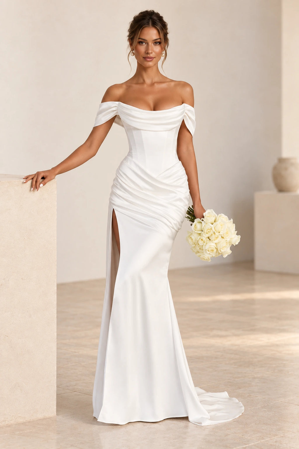 Elegant Mermaid Off Shoulder Draped Sleeve Corset Back Floor Length Wedding Guest Dress