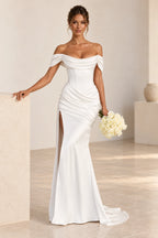 Elegant Mermaid Off Shoulder Draped Sleeve Corset Back Floor Length Wedding Guest Dress