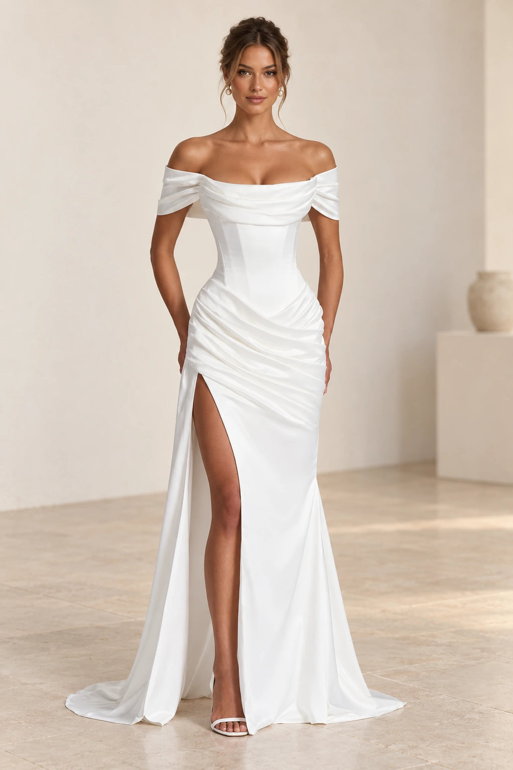 Elegant Mermaid Off Shoulder Draped Sleeve Corset Back Floor Length Wedding Guest Dress