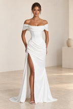 Elegant Mermaid Off Shoulder Draped Sleeve Corset Back Floor Length Wedding Guest Dress