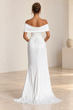 Elegant Mermaid Off Shoulder Draped Sleeve Corset Back Floor Length Wedding Guest Dress
