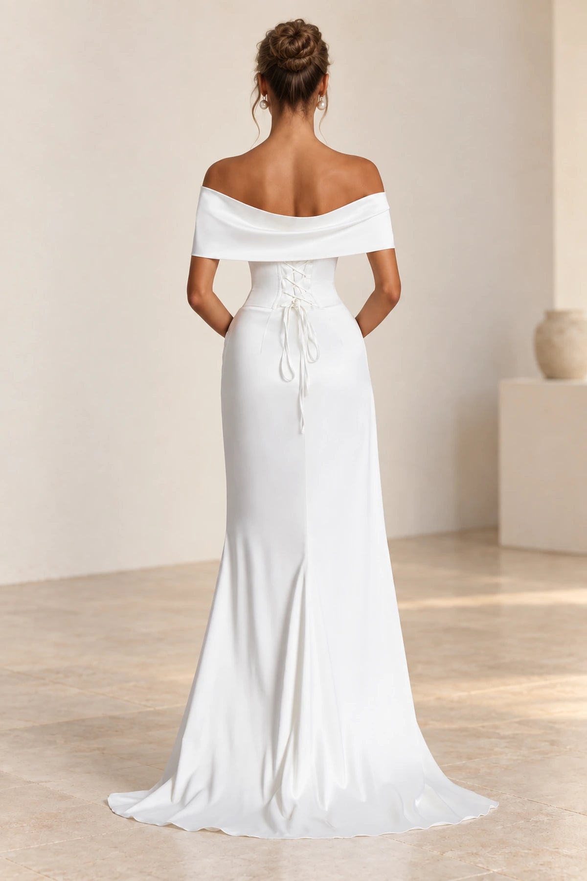 Elegant Mermaid Off Shoulder Draped Sleeve Corset Back Floor Length Wedding Guest Dress