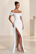 Elegant Mermaid Off Shoulder Draped Sleeve Corset Back Floor Length Wedding Guest Dress
