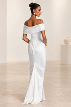 Elegant Mermaid Off Shoulder Draped Sleeve Corset Back Floor Length Wedding Guest Dress