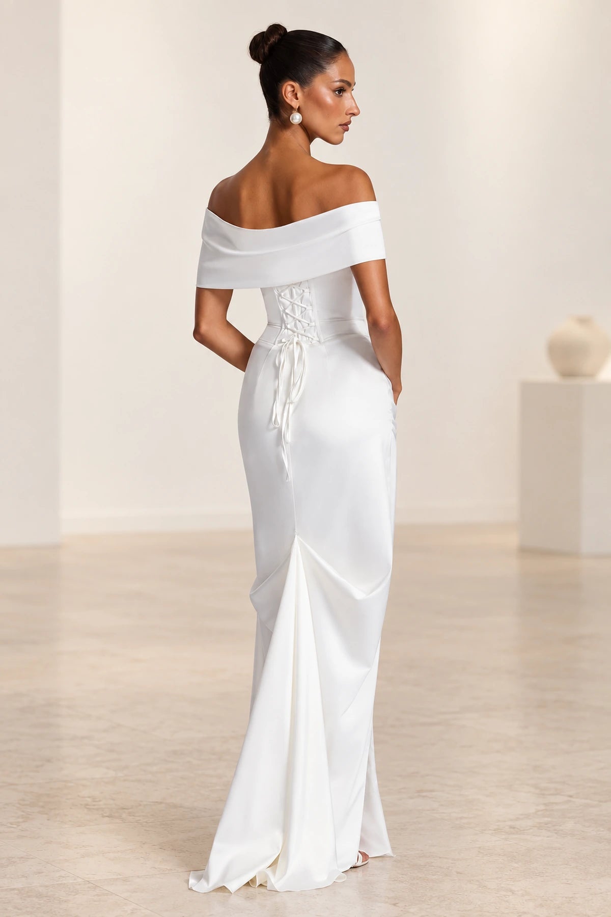 Elegant Mermaid Off Shoulder Draped Sleeve Corset Back Floor Length Wedding Guest Dress