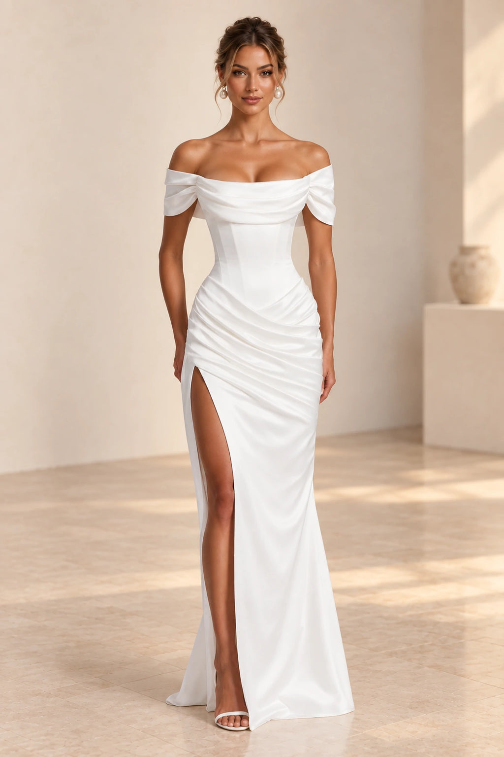 Elegant Mermaid Off Shoulder Draped Sleeve Corset Back Floor Length Wedding Guest Dress