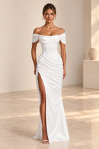 Elegant Mermaid Off Shoulder Draped Sleeve Corset Back Floor Length Wedding Guest Dress