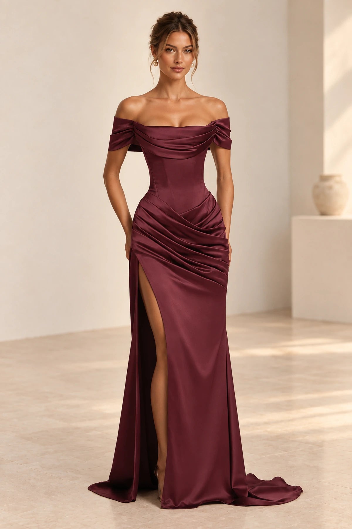 Elegant mermaid off shoulder satin wedding guest dress by Graceprom