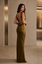GraceProm olive bronze satin wedding guest dress with low open back draped detail and long ties