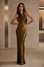 GraceProm olive bronze satin wedding guest dress with cowl neckline sleeveless sheath silhouette