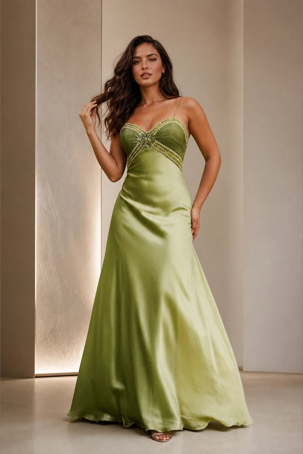 GraceProm olive green satin bridesmaid dress with sweetheart neckline spaghetti straps beaded bodice and floor length A-line silhouette