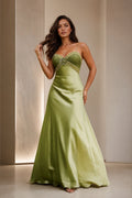 GraceProm olive green satin bridesmaid dress with sweetheart neckline spaghetti straps beaded bodice and floor length A-line silhouette