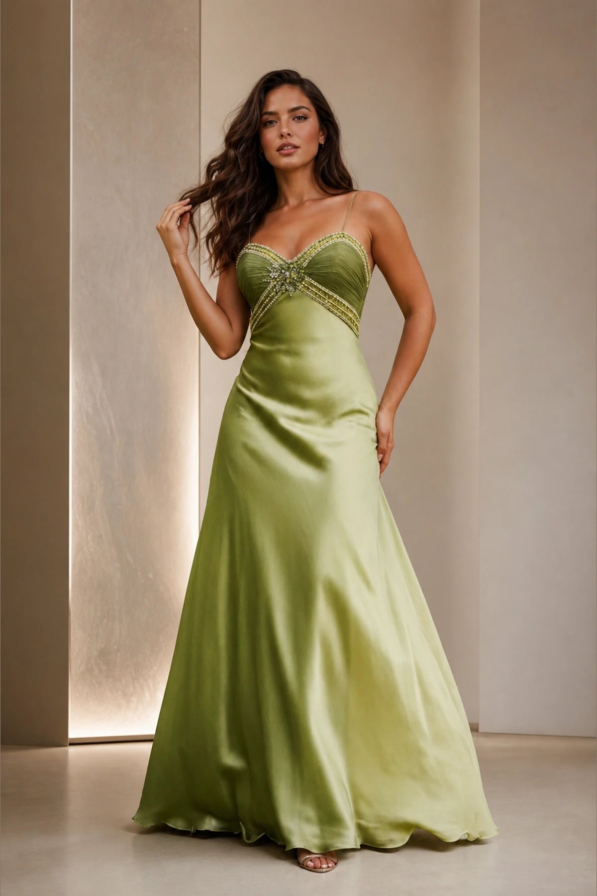 GraceProm olive green satin bridesmaid dress with sweetheart neckline spaghetti straps beaded bodice and floor length A-line silhouette