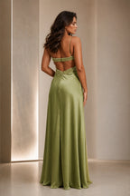 GraceProm olive green bridesmaid dress with open back embellished bands and floor length satin skirt