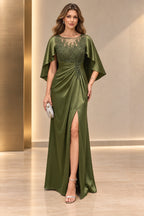 Olive green Mother of the Bride Dress with illusion neckline, floral appliqué, cape sleeves and front slit