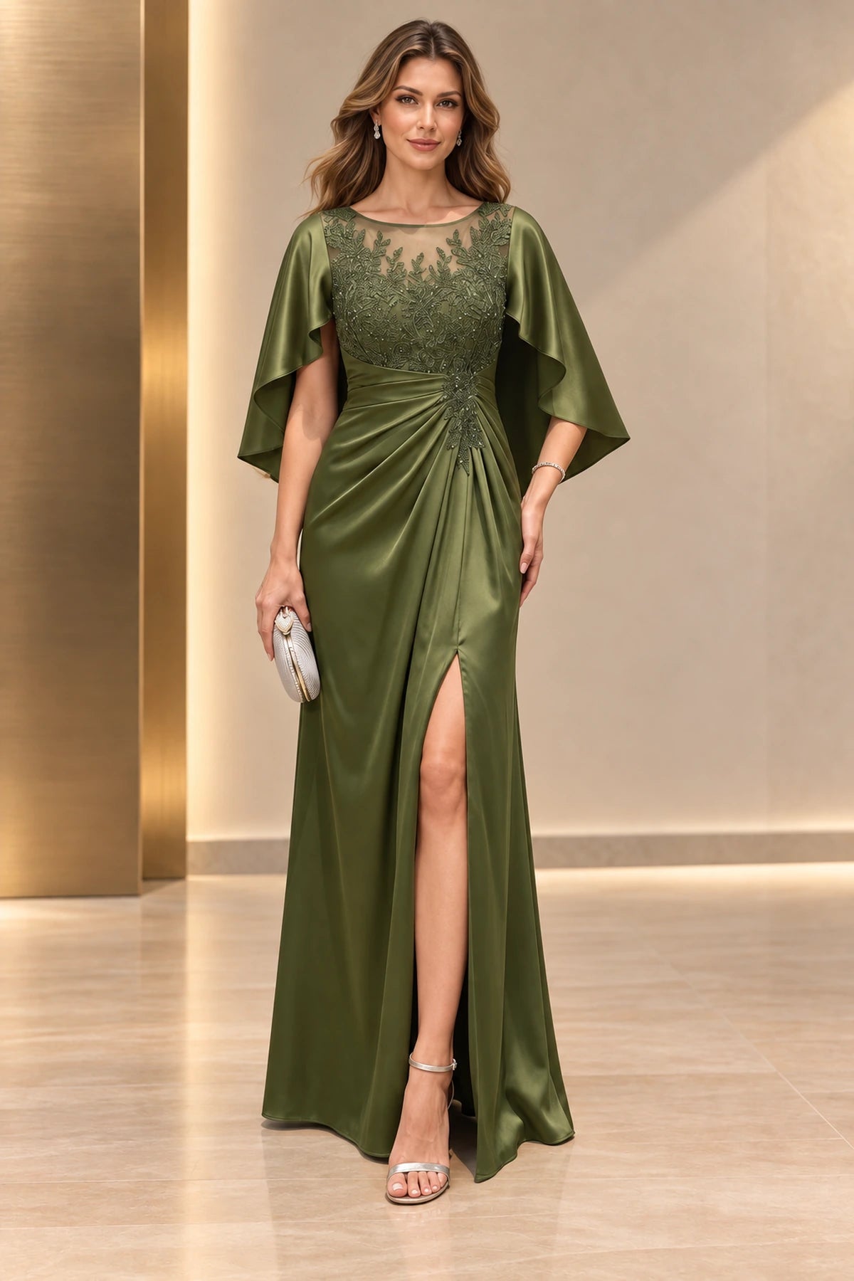 Olive green Mother of the Bride Dress with illusion neckline, floral appliqué, cape sleeves and front slit