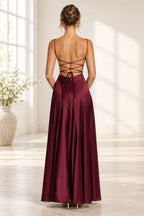 Elegant Cowl Neck Spaghetti Strap Lace Up Back Long Bridesmaid Dress