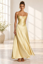 Elegant Cowl Neck Spaghetti Strap Lace Up Back Long Bridesmaid Dress
