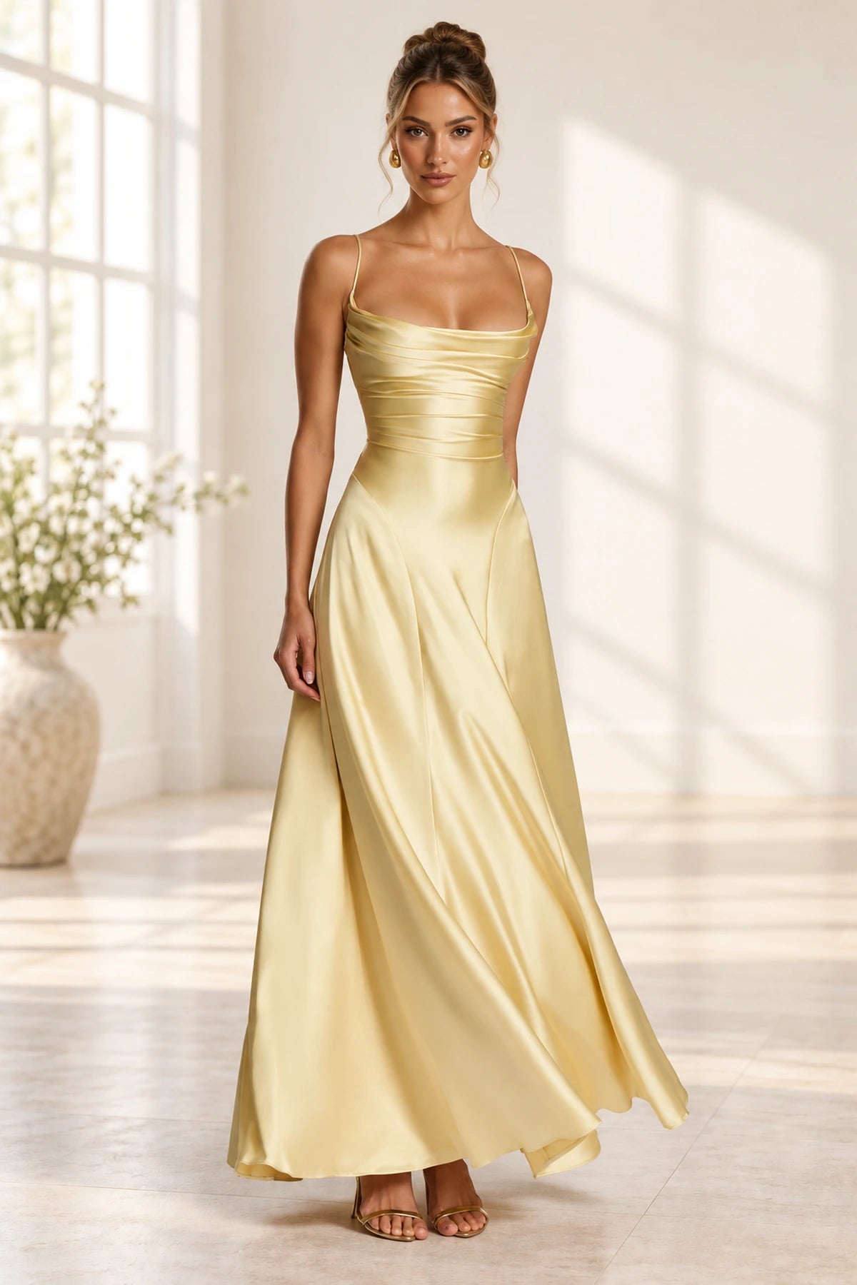 Elegant Cowl Neck Spaghetti Strap Lace Up Back Long Bridesmaid Dress
