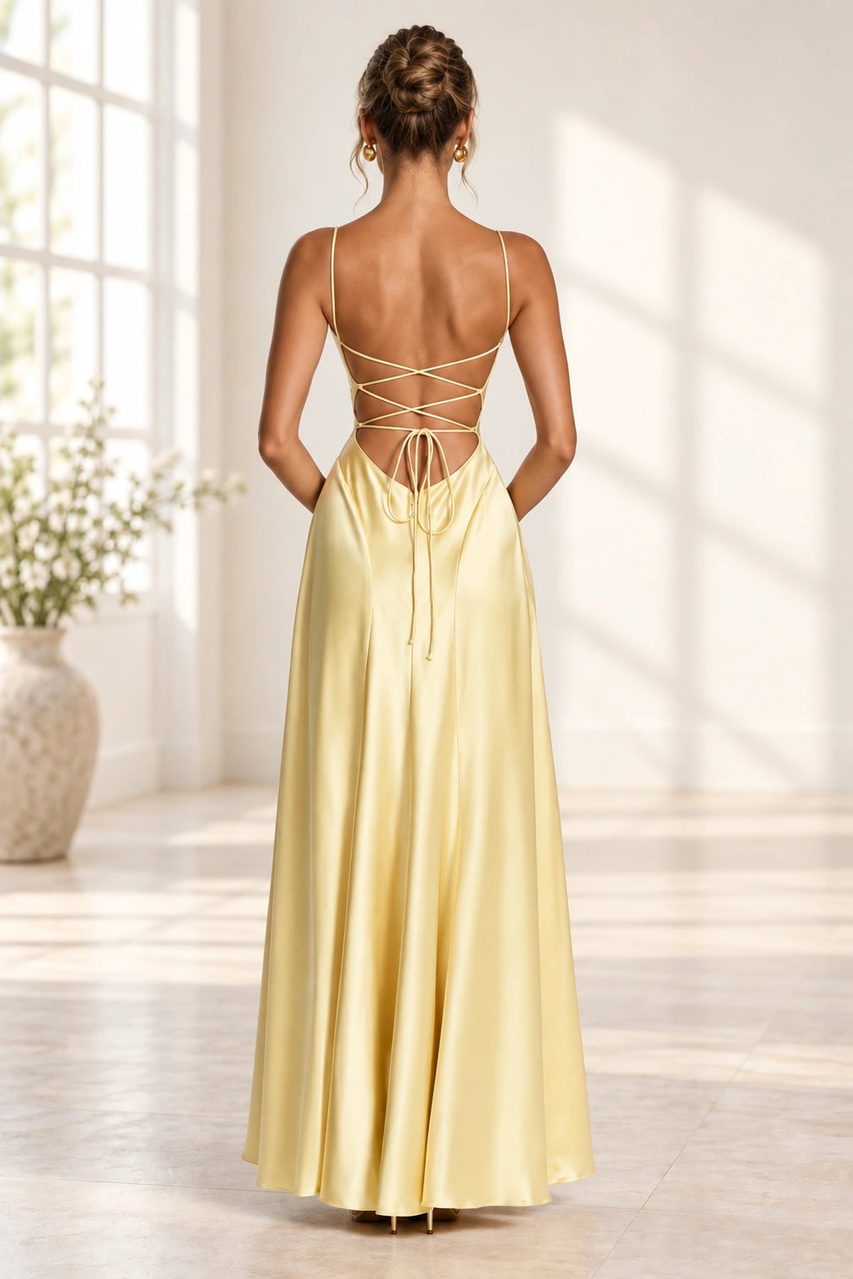 Elegant Cowl Neck Spaghetti Strap Lace Up Back Long Bridesmaid Dress