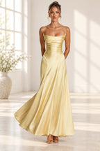 Elegant Cowl Neck Spaghetti Strap Lace Up Back Long Bridesmaid Dress