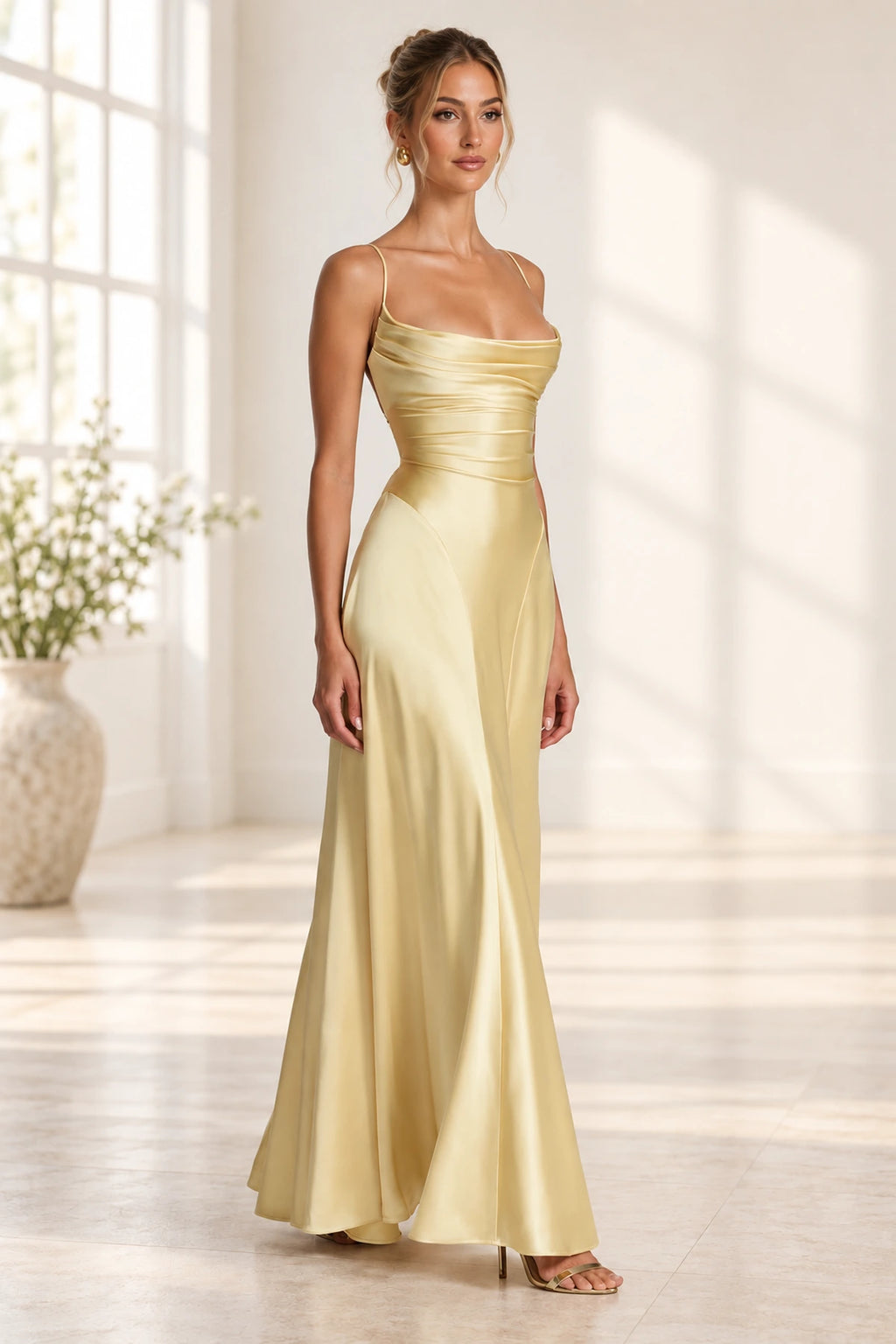 Elegant Cowl Neck Spaghetti Strap Lace Up Back Long Bridesmaid Dress