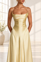 Elegant Cowl Neck Spaghetti Strap Lace Up Back Long Bridesmaid Dress