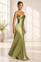 Graceprom olive green cowl neck spaghetti strap bridesmaid dress front view