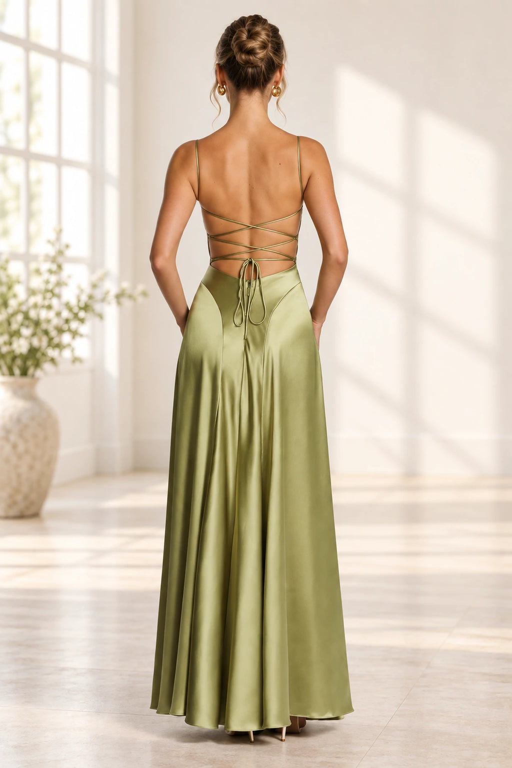 Graceprom olive green lace up open back satin bridesmaid dress back view