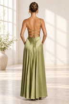 Graceprom olive green lace up open back satin bridesmaid dress back view