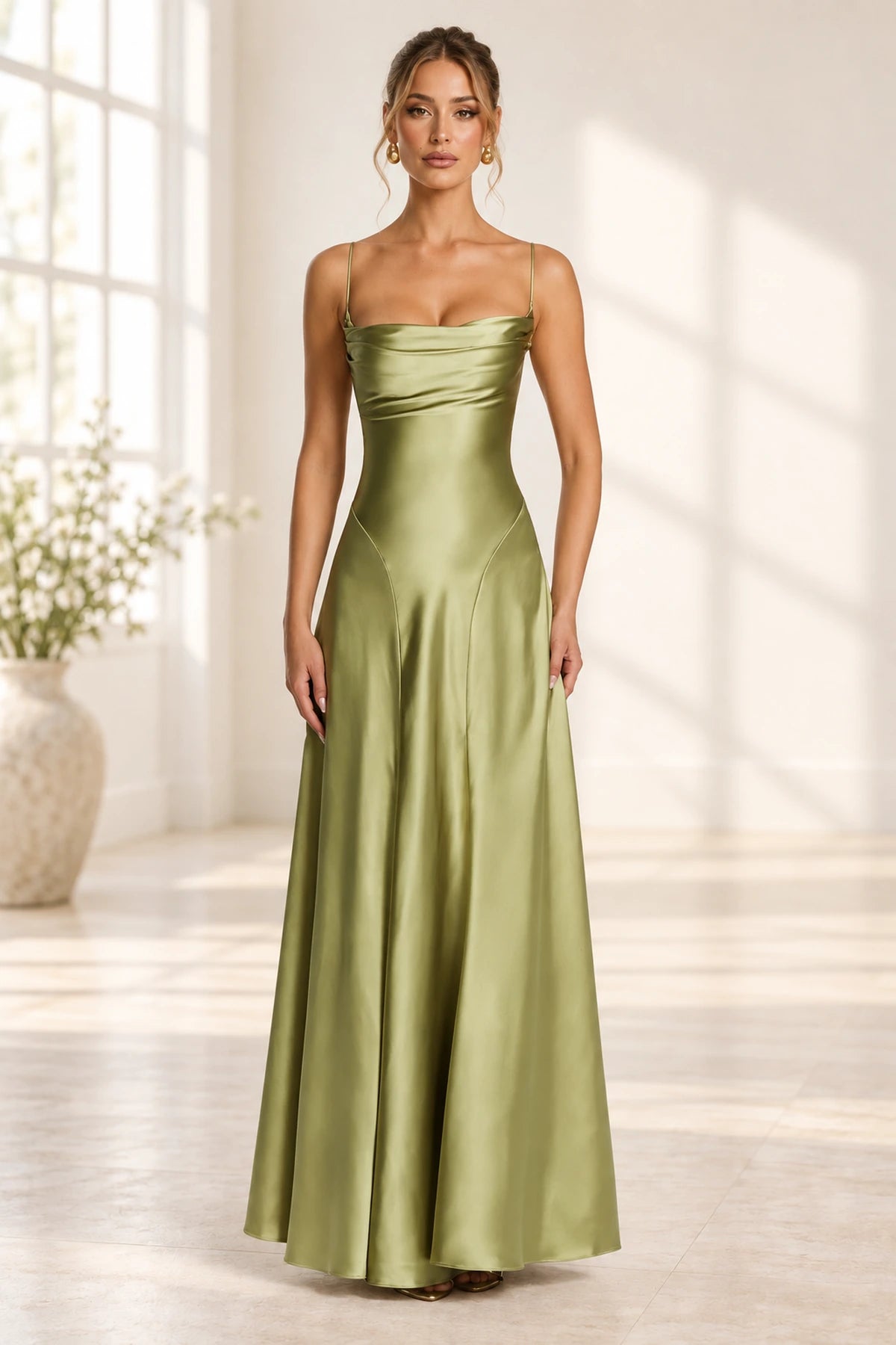 Elegant Cowl Neck Spaghetti Strap Lace Up Back Long Bridesmaid Dress