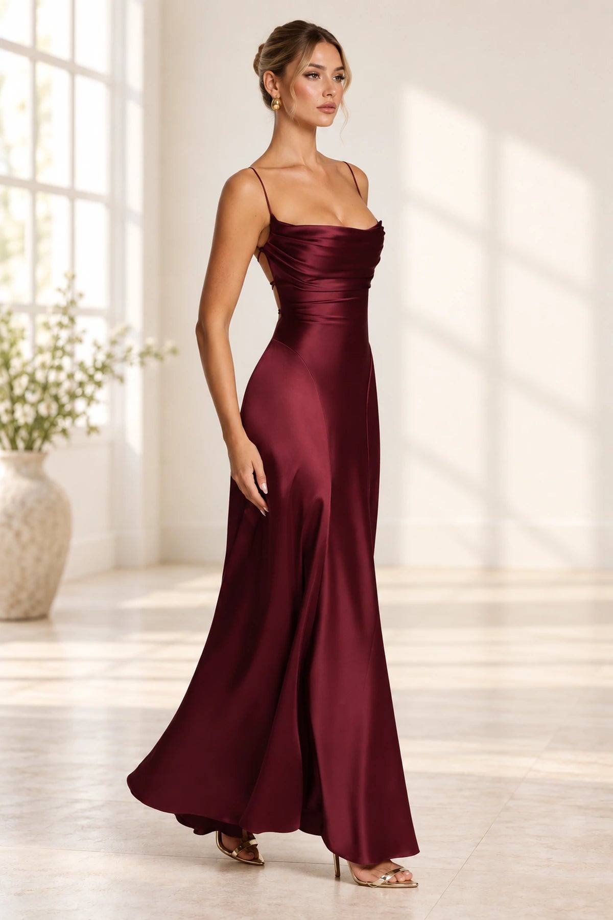 Elegant Cowl Neck Spaghetti Strap Lace Up Back Long Bridesmaid Dress